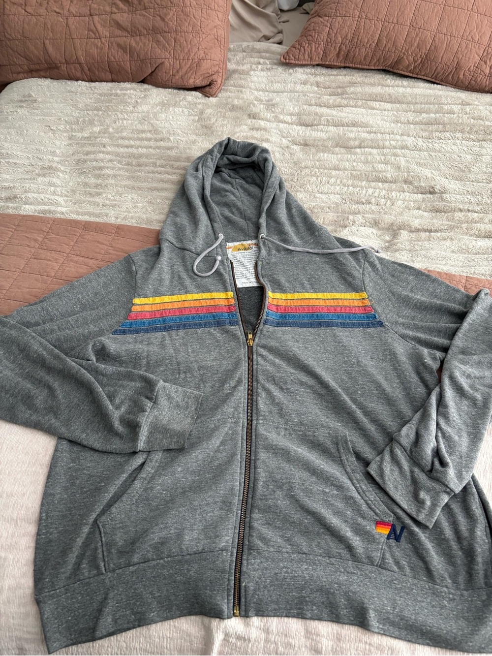 Aviator Nation Gray Zip Hoodie with Rainbow Chest Stripes